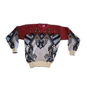 Vintage 80/90 Repage Acrylic Crewneck Knit Sweater Black Red Yello Geometric Xlg